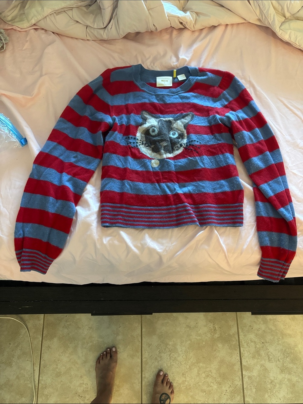 Red & Blue Striped Women's cashmere Sweater with Cat Motif